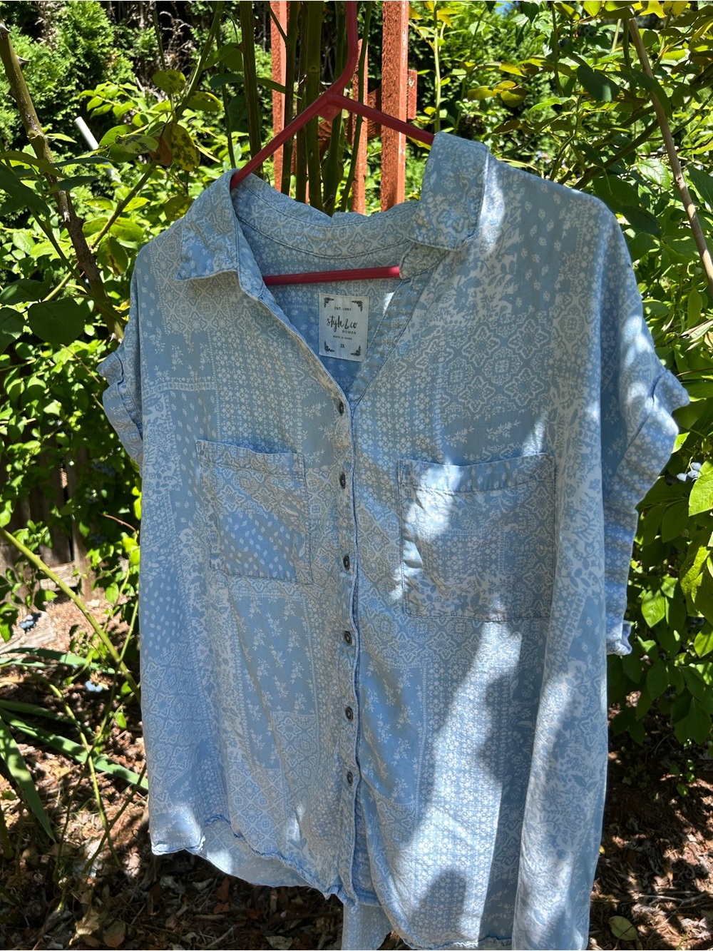 Style & Co light Blue Patterned Button-Up Shirt short roll up sleeves